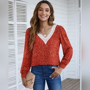 Women's Lace Trim V Neck Long Sleeve Blouse Chiffon Casual Business Blouses Tops